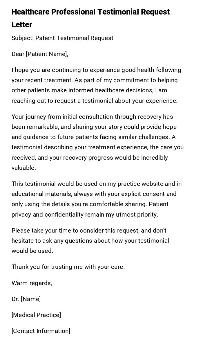 Healthcare Professional Testimonial Request Letter Healthcare Professional Testimonial Request Letter