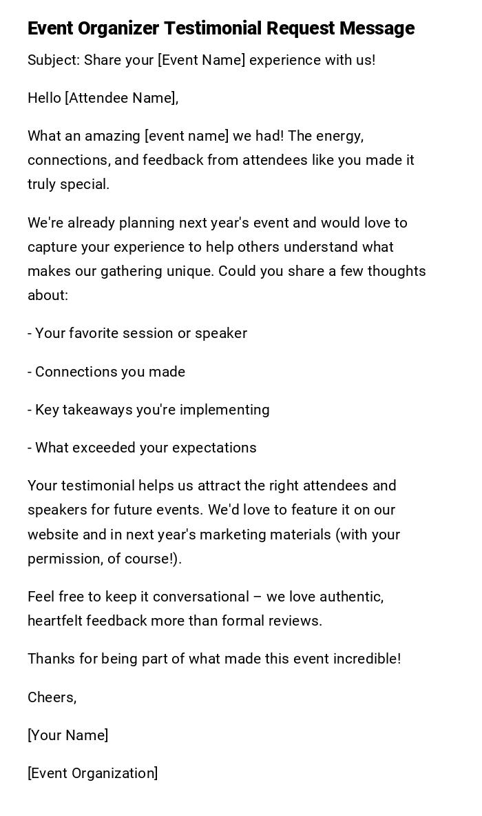 Event Organizer Testimonial Request Message Event Organizer Testimonial Request Message