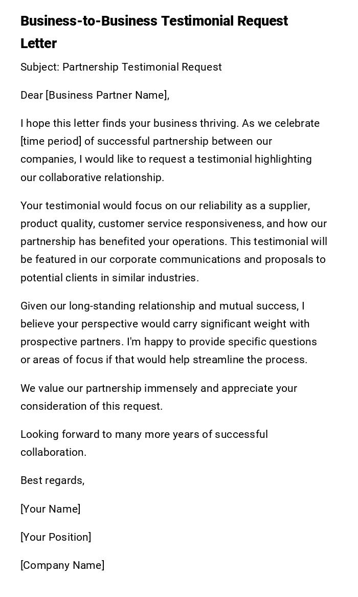 Business-to-Business Testimonial Request Letter Business-to-Business Testimonial Request Letter