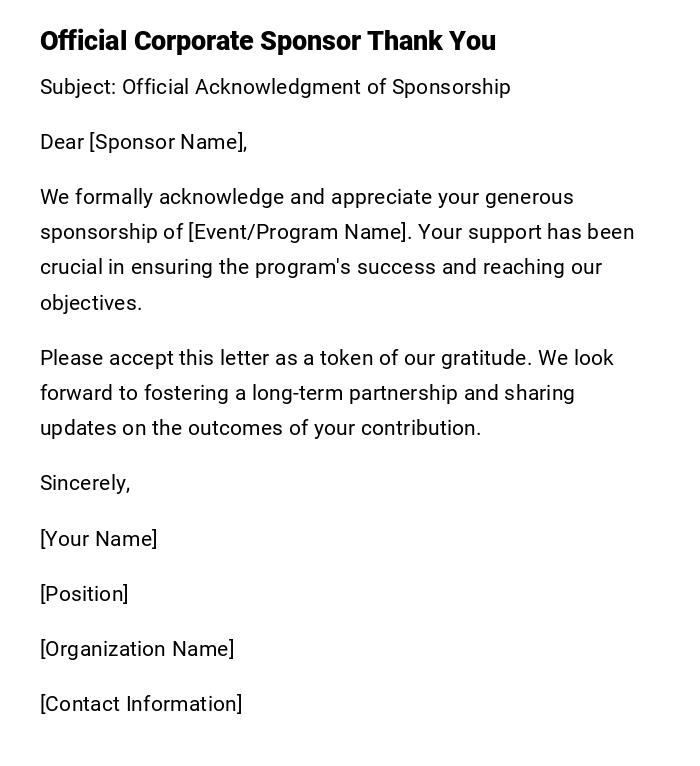 Official Corporate Sponsor Thank You Official Corporate Sponsor Thank You