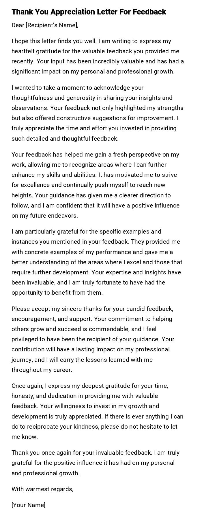 Thank You Appreciation Letter For Feedback