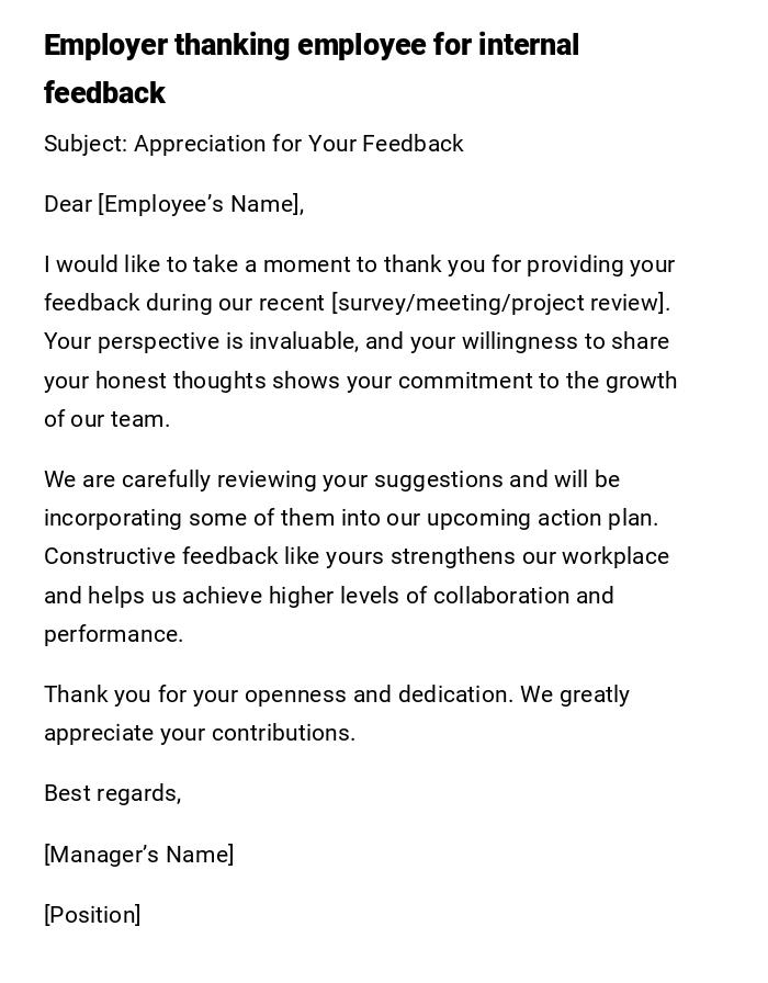 Employer thanking employee for internal feedback Employer thanking employee for internal feedback