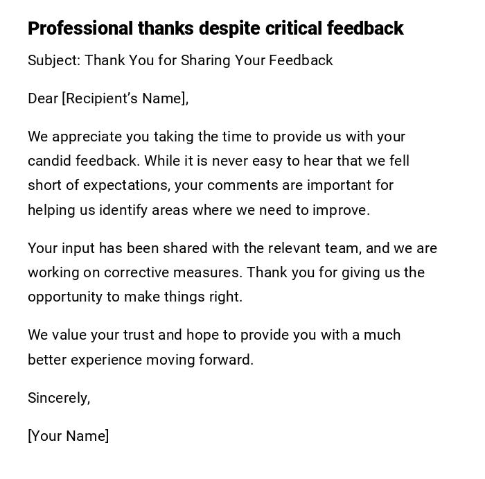 Professional thanks despite critical feedback Professional thanks despite critical feedback