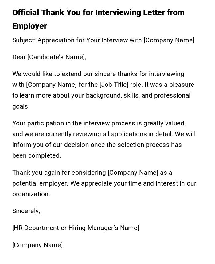 Official Thank You for Interviewing Letter from Employer Official Thank You for Interviewing Letter from Employer
