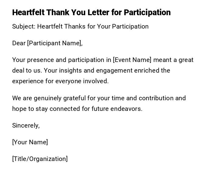 Heartfelt Thank You Letter for Participation Heartfelt Thank You Letter for Participation