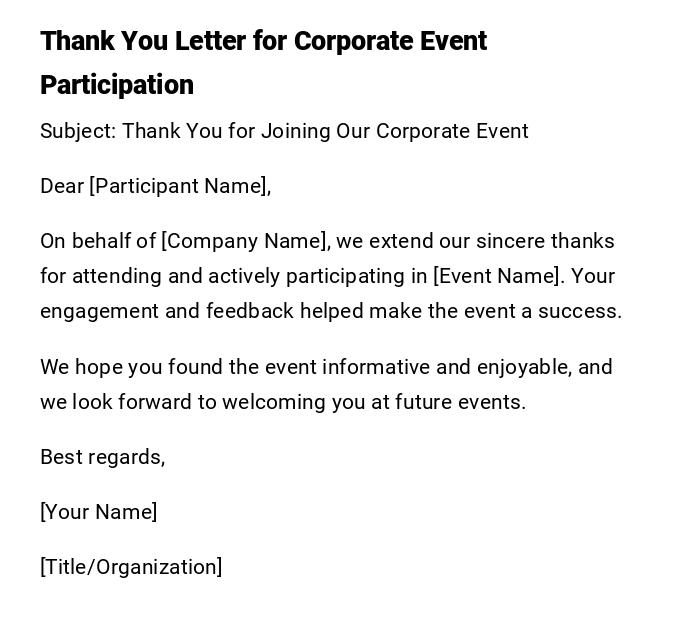 Thank You Letter for Corporate Event Participation Thank You Letter for Corporate Event Participation