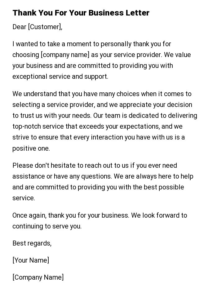Thank You For Your Business Letter