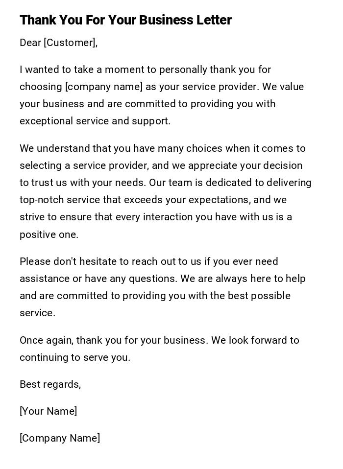 Thank You For Your Business Letter