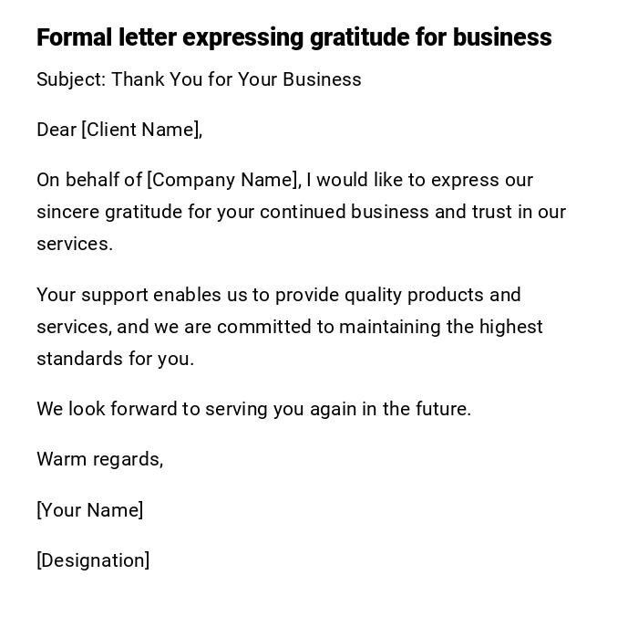 Formal letter expressing gratitude for business