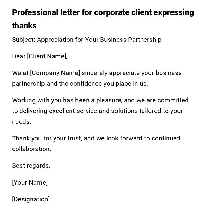 Professional letter for corporate client expressing thanks