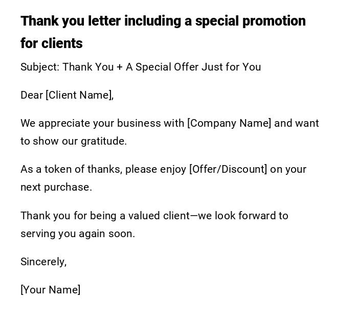 Thank you letter including a special promotion for clients