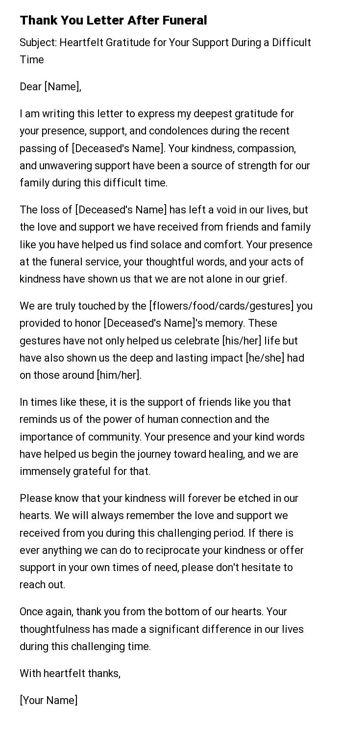 Thank You Letter After Funeral