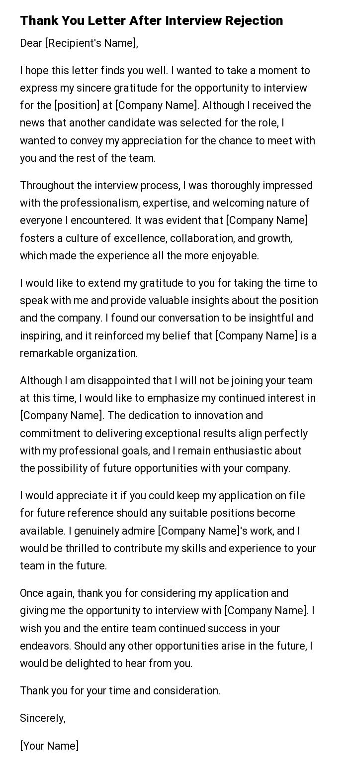 Thank You Letter After Interview Rejection