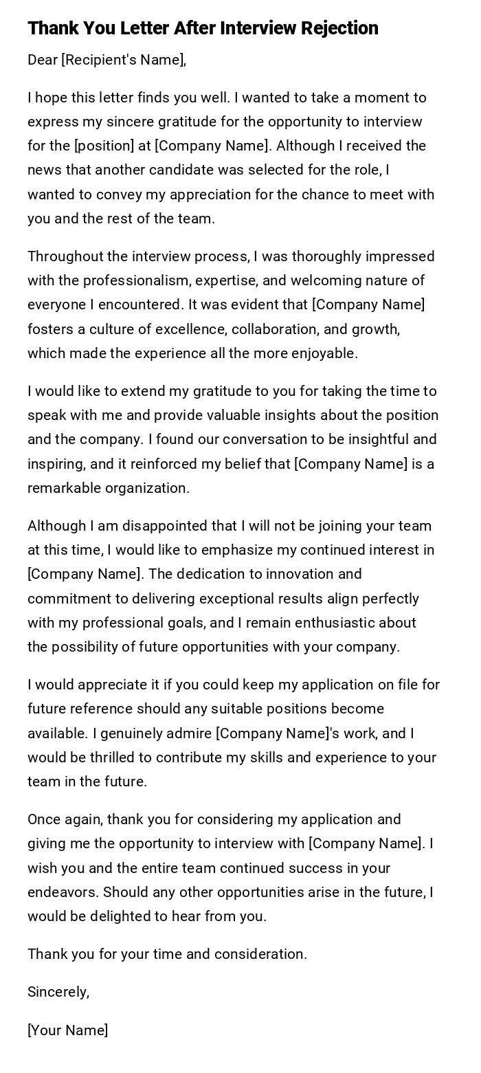 Thank You Letter After Interview Rejection