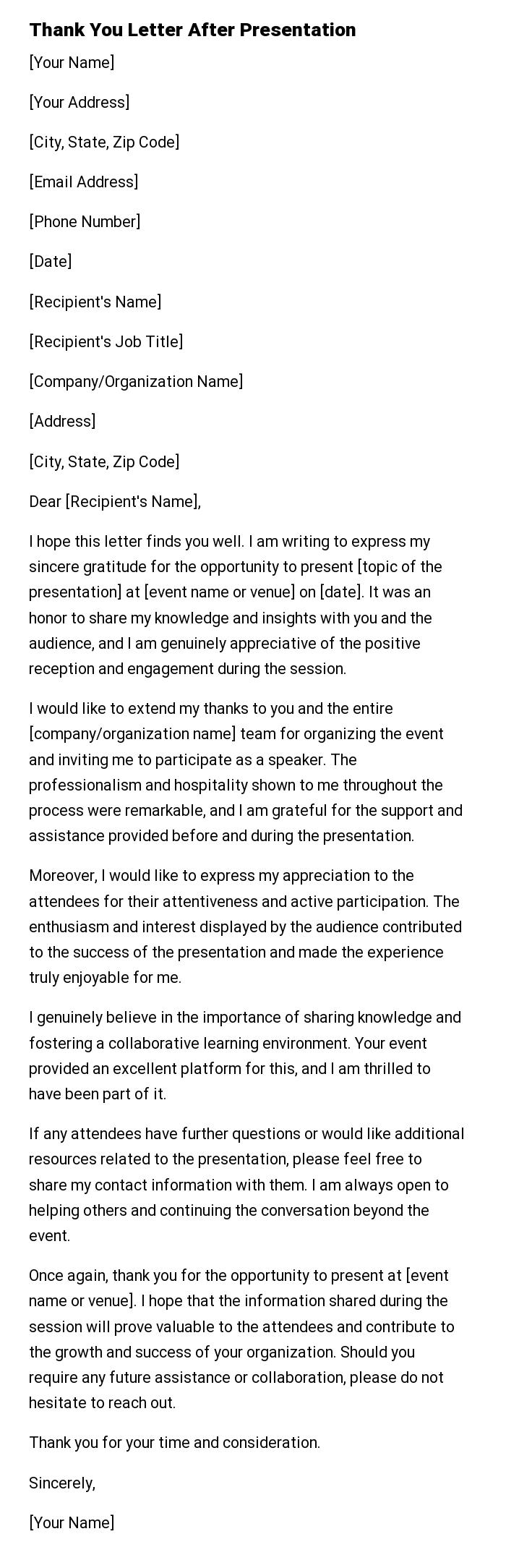 Thank You Letter After Presentation