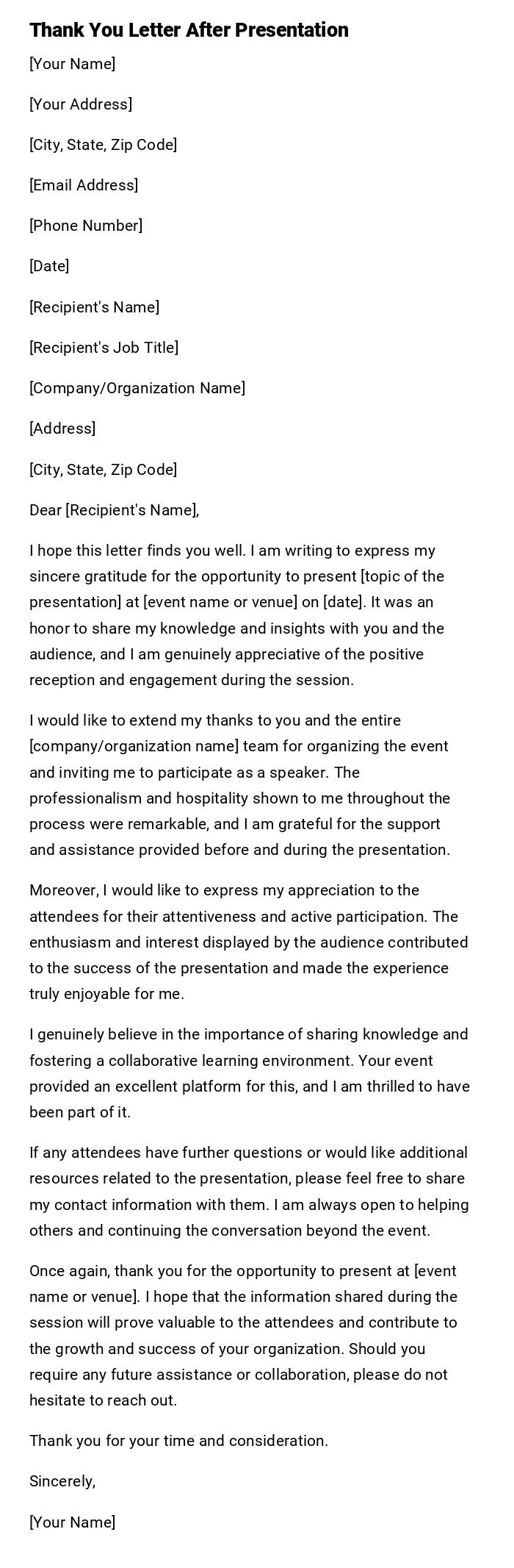 Thank You Letter After Presentation