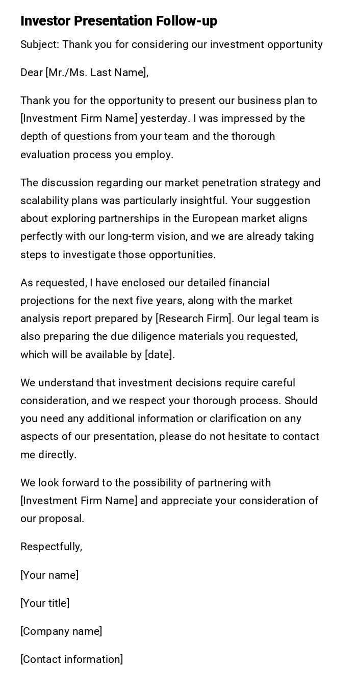 Investor Presentation Follow-up Investor Presentation Follow-up