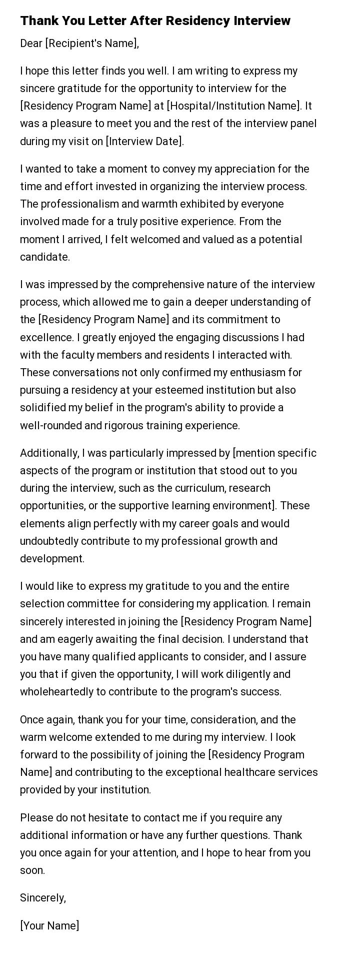 Thank You Letter After Residency Interview