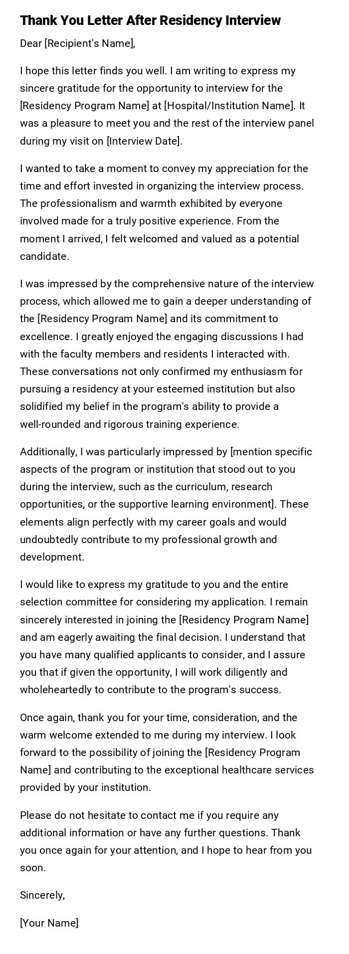 Thank You Letter After Residency Interview