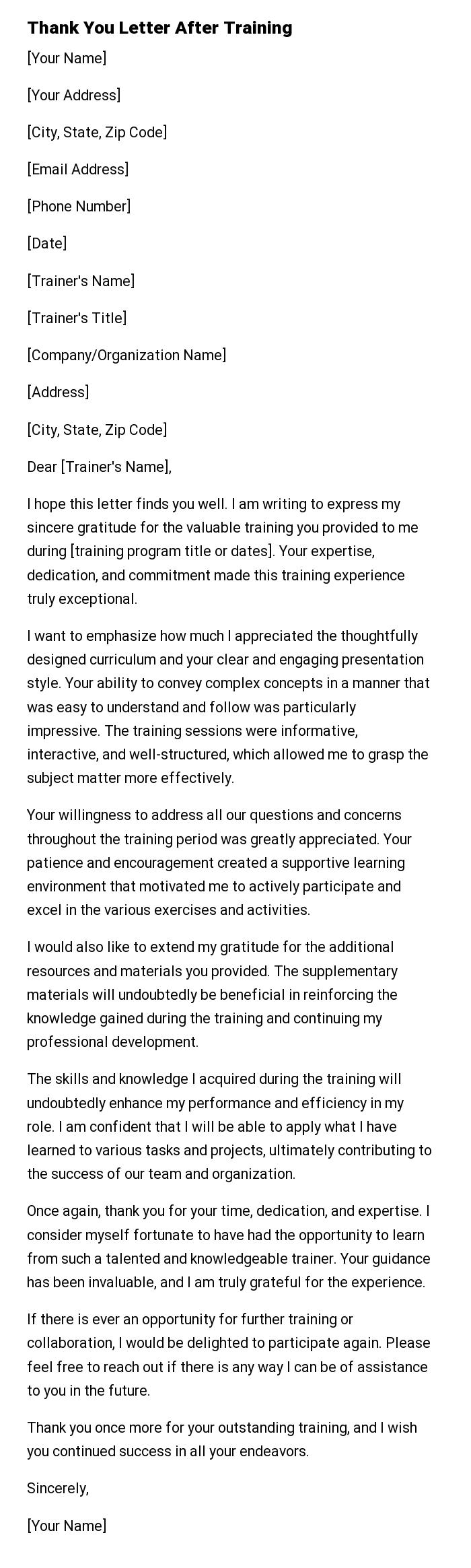 Thank You Letter After Training