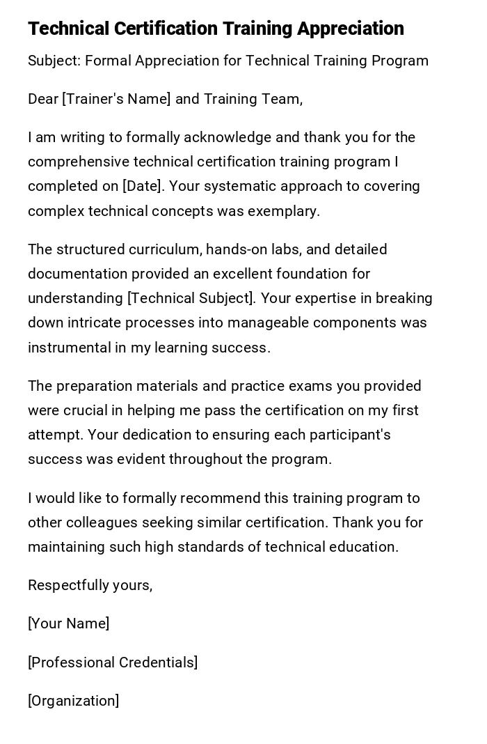 Technical Certification Training Appreciation Technical Certification Training Appreciation