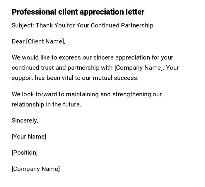 Professional client appreciation letter Professional client appreciation letter