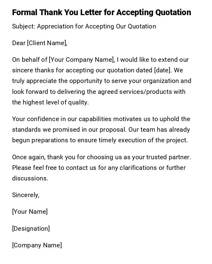 Formal Thank You Letter for Accepting Quotation