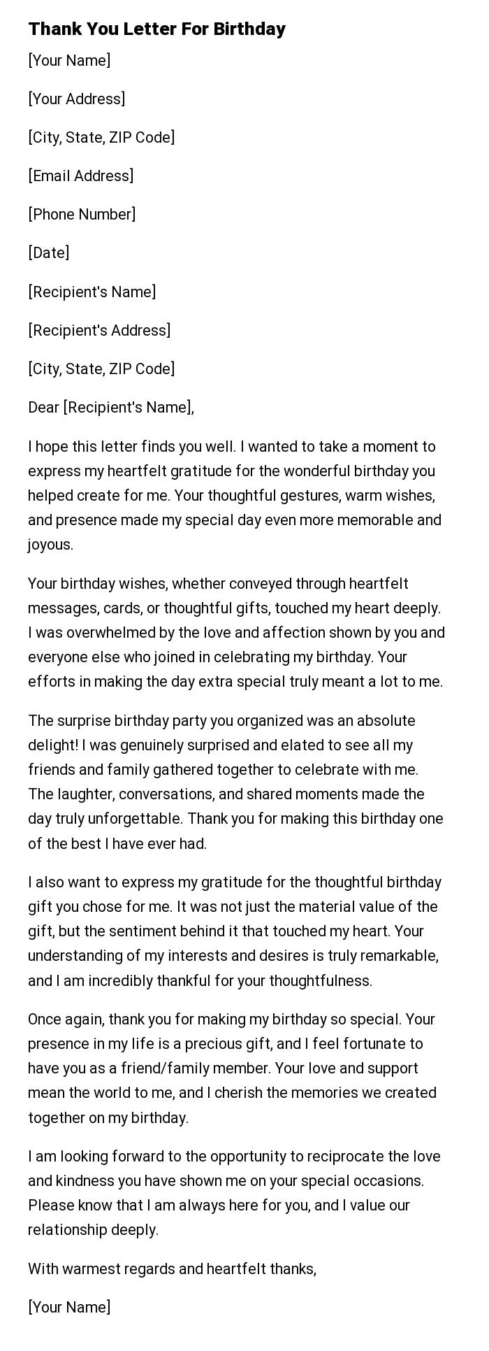 Thank You Letter For Birthday