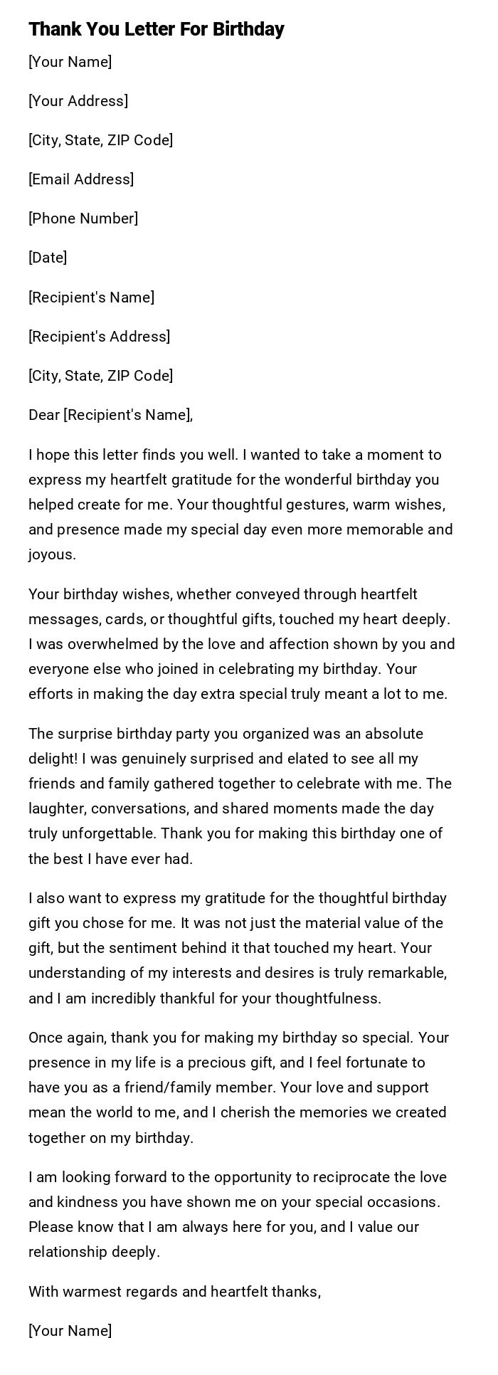 Thank You Letter For Birthday