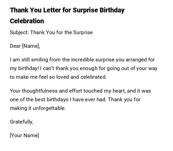 Thank You Letter for Surprise Birthday Celebration Thank You Letter for Surprise Birthday Celebration