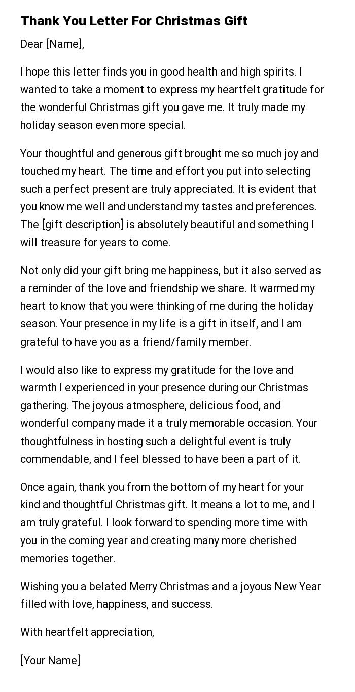 Thank You Letter For Christmas Gift