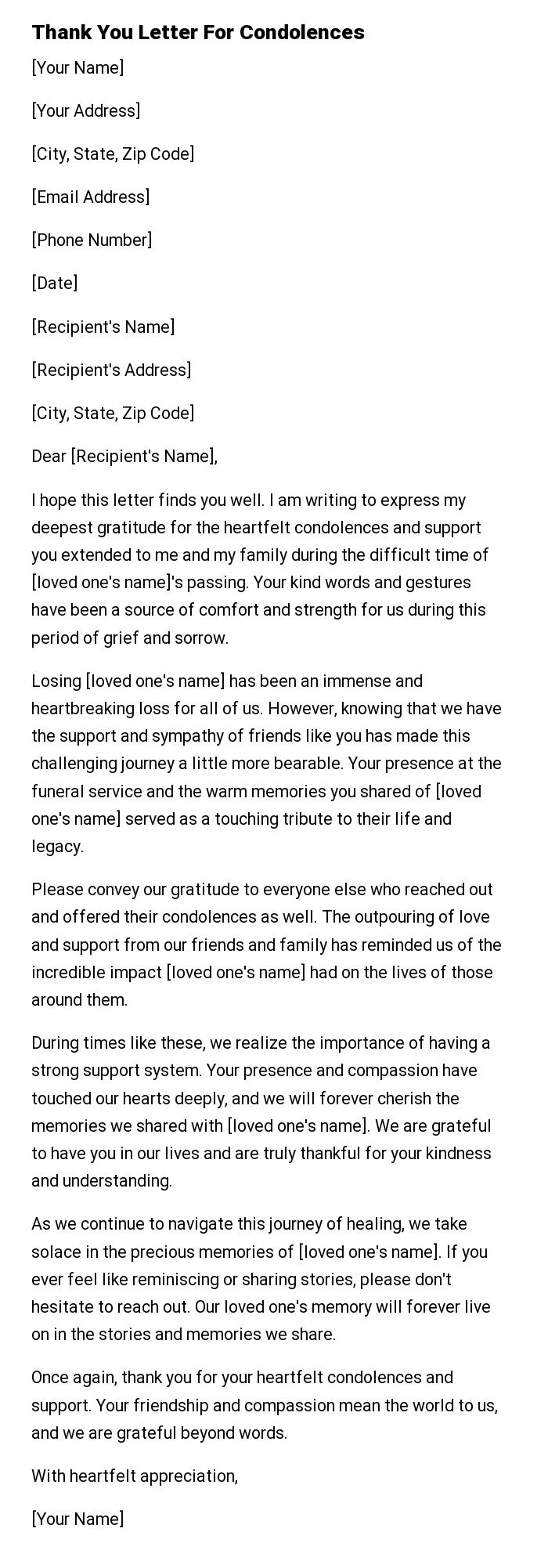 Thank You Letter For Condolences