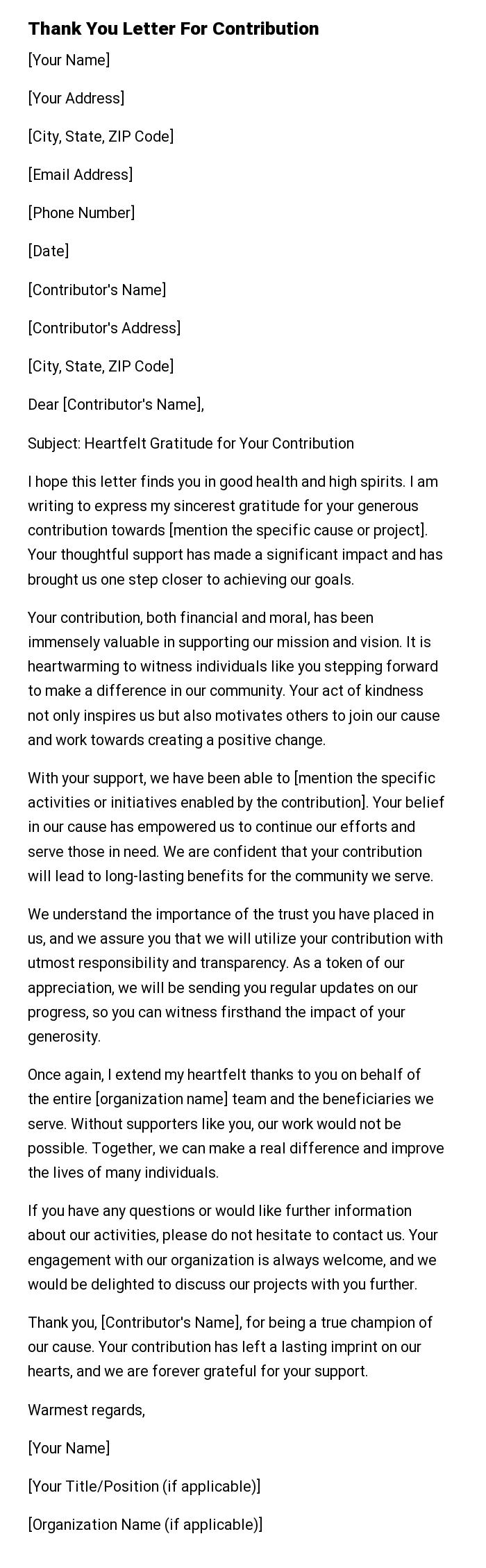 Thank You Letter For Contribution
