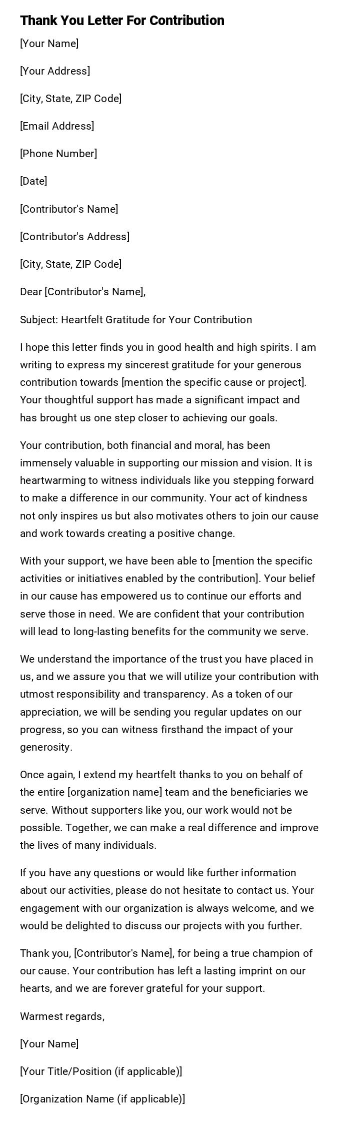 Thank You Letter For Contribution