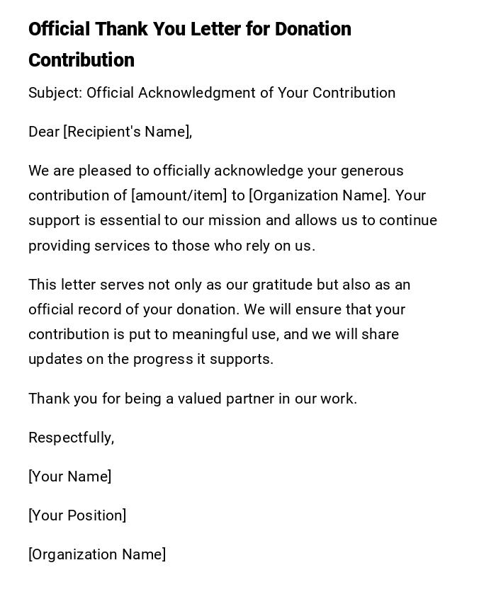 Official Thank You Letter for Donation Contribution Official Thank You Letter for Donation Contribution