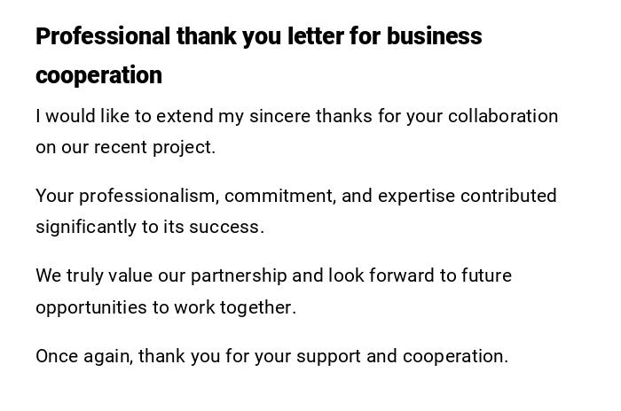 Professional thank you letter for business cooperation Professional thank you letter for business cooperation
