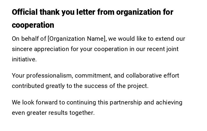 Official thank you letter from organization for cooperation Official thank you letter from organization for cooperation