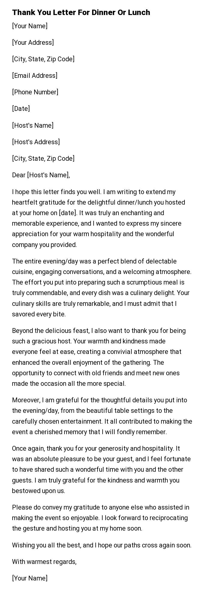 Thank You Letter For Dinner Or Lunch