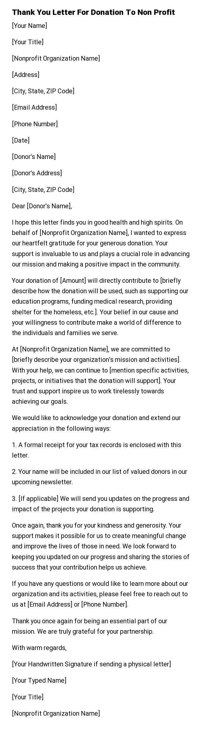 Thank You Letter For Donation To Non Profit