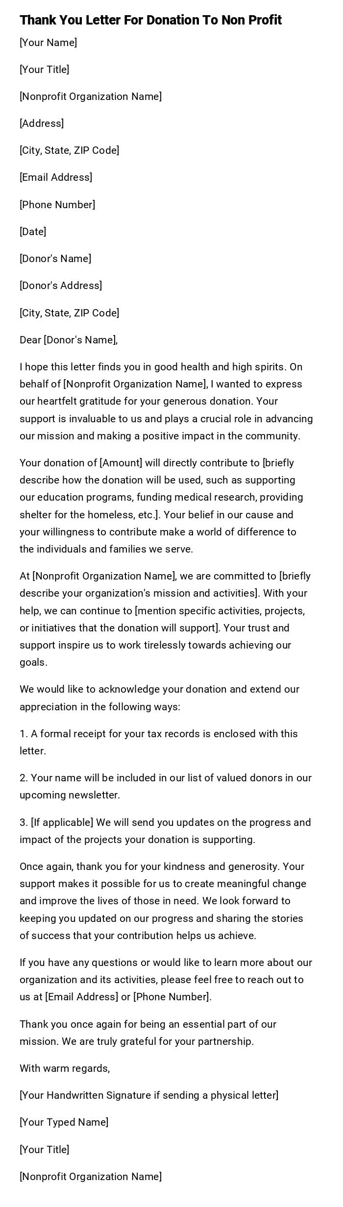 Thank You Letter For Donation To Non Profit