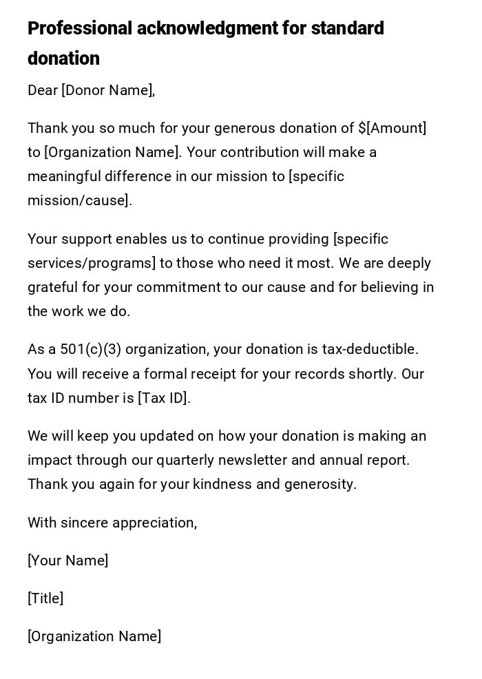 Professional acknowledgment for standard donation Professional acknowledgment for standard donation