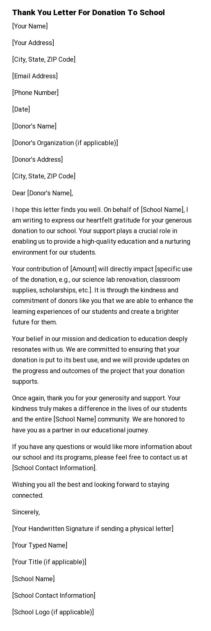 Thank You Letter For Donation To School