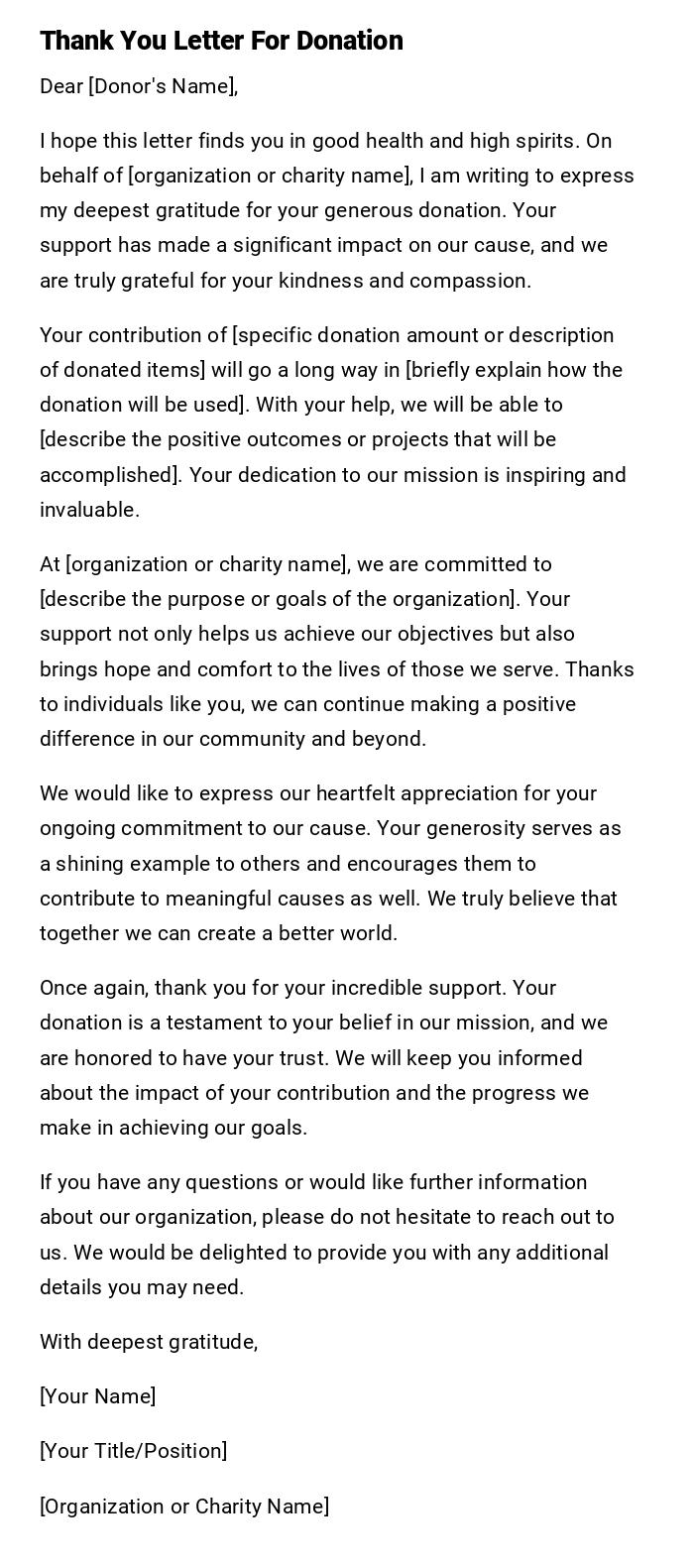 Thank You Letter For Donation