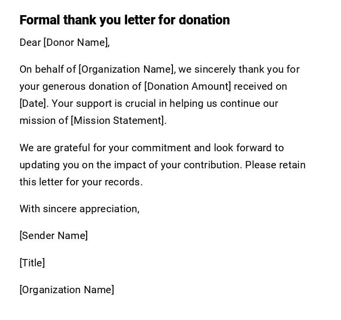Formal thank you letter for donation Formal thank you letter for donation