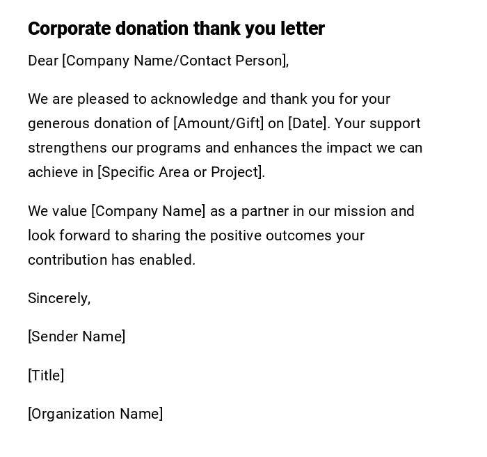 Corporate donation thank you letter Corporate donation thank you letter