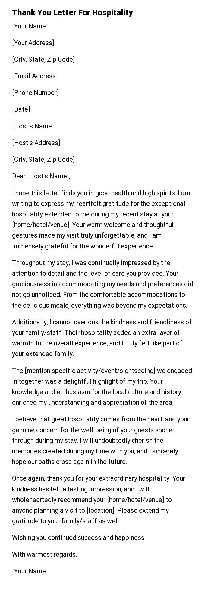 Thank You Letter For Hospitality