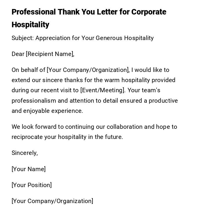 Professional Thank You Letter for Corporate Hospitality Professional Thank You Letter for Corporate Hospitality