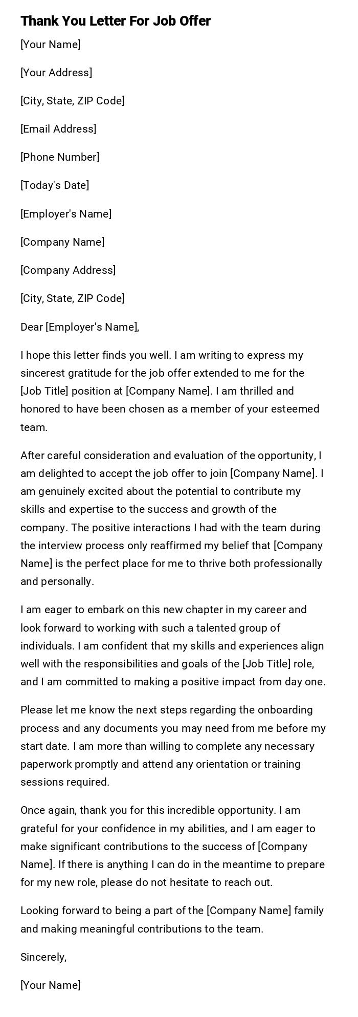 Thank You Letter For Job Offer