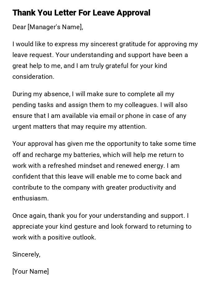 Thank You Letter For Leave Approval