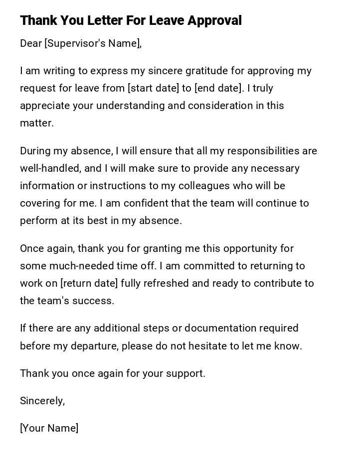 Thank You Letter For Leave Approval